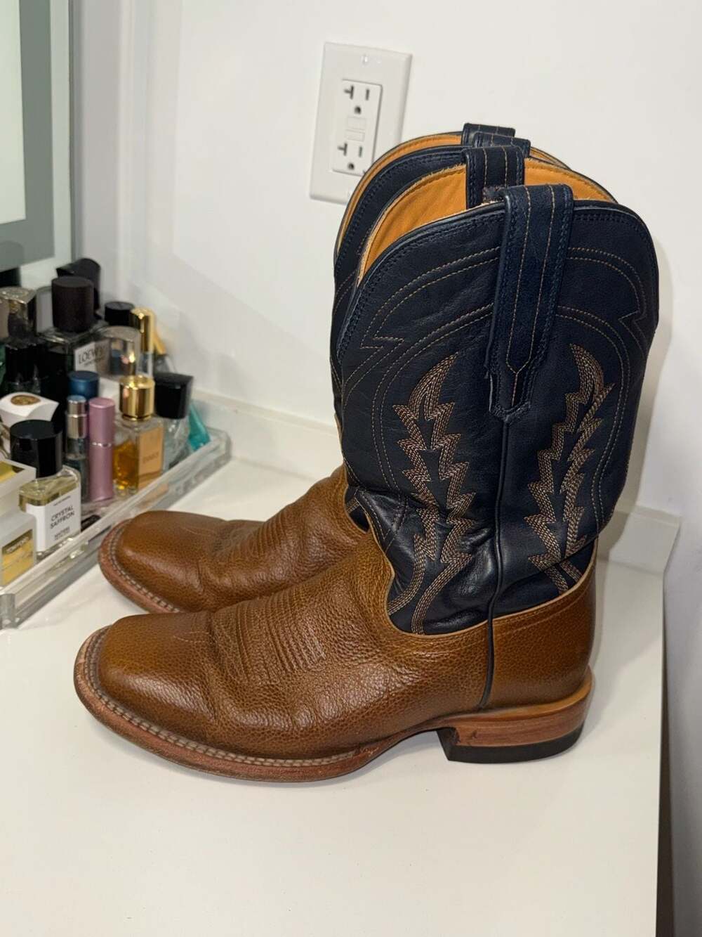 Tecovas Square Toe Cowboy Boot Brown and Navy